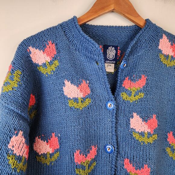 Rare NWT Vintage Amano S/M Hand Knit Cotton Cardigan Tulips Floral Blue Bolivia - Picture 3 of 10